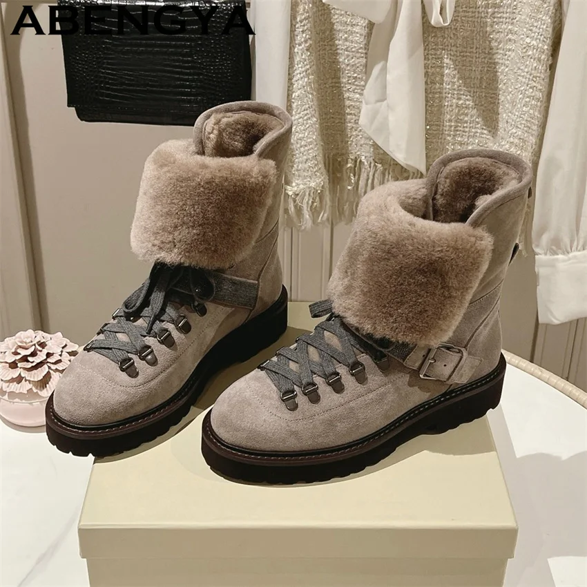 2026 Winter New Fashion Week Knit Socks Boots Women Round Toe Lace Up Ankle Boots Woman Suede Leather High Top Punk Store Boots