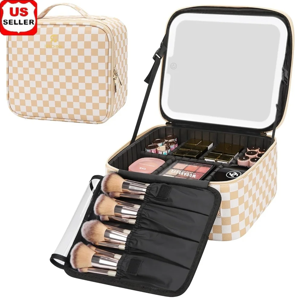 

Portable Makeup Bag with LED Mirror Cosmetic Organizer Large Capacity Train Case Adjustable Storage Makeup Brush Holder 3