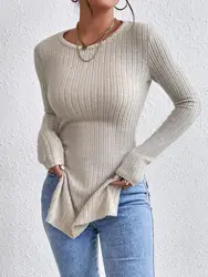 Slim Slit Long Sleeve T-shrit  Autumn Winter High Quality Solid Color Basic Sweater Lady Elegant Warm Korean Knitwear 2024 Trend