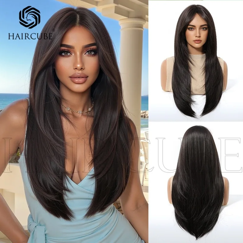 European and American style , middle-parted layered , full-head synthetic wigs, high-temperature fiber long straig