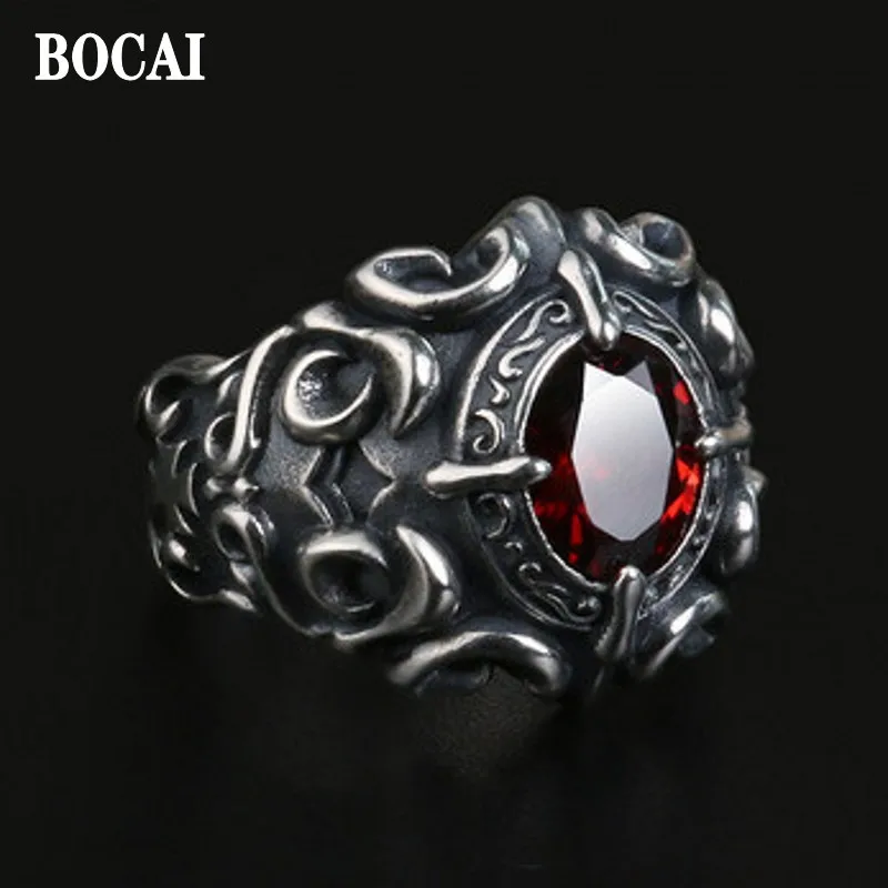 bocai real s925 prata gotico zircao vermelho moda joias na moda homem indice dedo anel retro ins presente do dia dos namorados 01