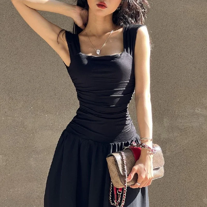 Women Summer Party Long Dress Sexy Ruched Bodycon Black Maxi Dresses Korean New Elegant Temperament High-waist Vestidos Y2k