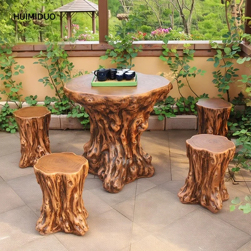 Outdoor Courtyard Small Round Table Combination, Movable Antique Table and Chair Kit, Open-air Waterproof and Sun Protection