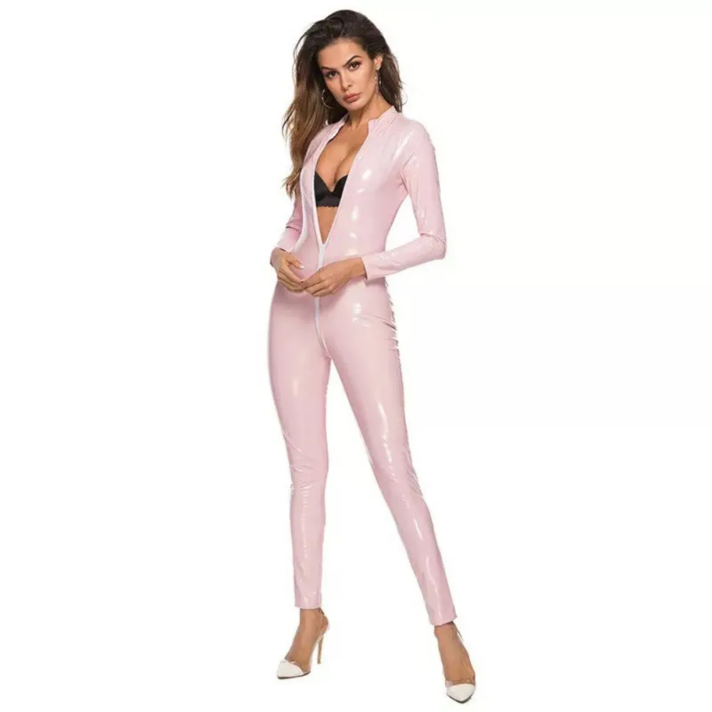 Sexy Leather Catsuit Wet Look Shiny Zip Pvc Tights Ladies Tights Elastane Jumpsuit Long Sleeve Wet Look Leather Tights