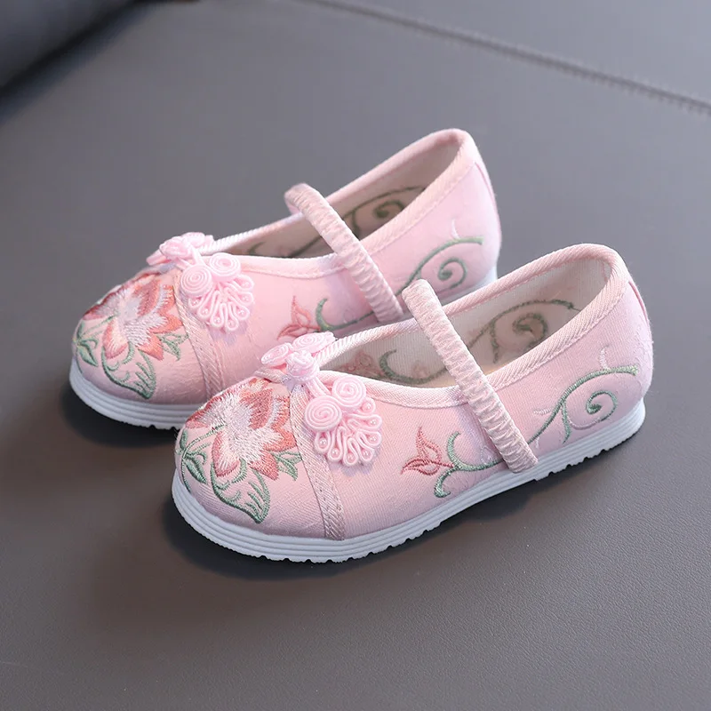 Child Shoes Chinese Style Flats Embroidery Canvas Breathable Slip On Shoes Ethnic Lightweight Rubber Sole Dancing Footwear