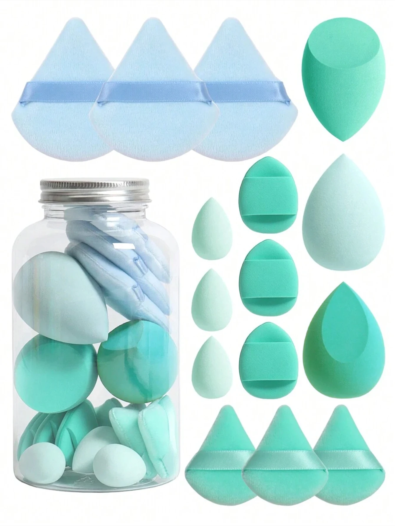 Conjunto de 15 esponjas de maquiagem com recipiente de armazenamento: 3 liquidificadores de beleza, 3 mini liquidificadores de beleza, 3 folhetos de pó, 3 mini puffs de pó,