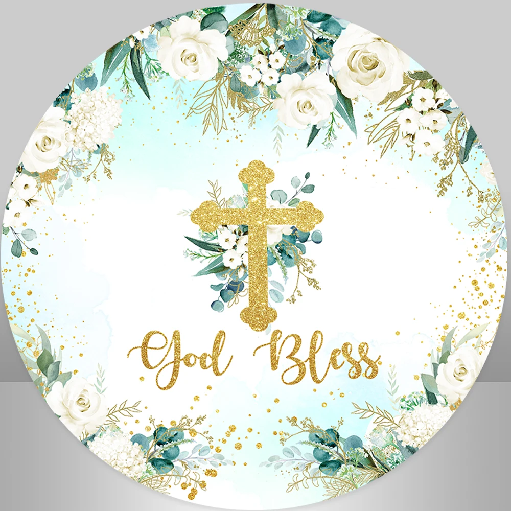 Green Leaves Gold Corss God Bless Round Backdrop Cover Baptism Photography Background My First Communion Circle Covers