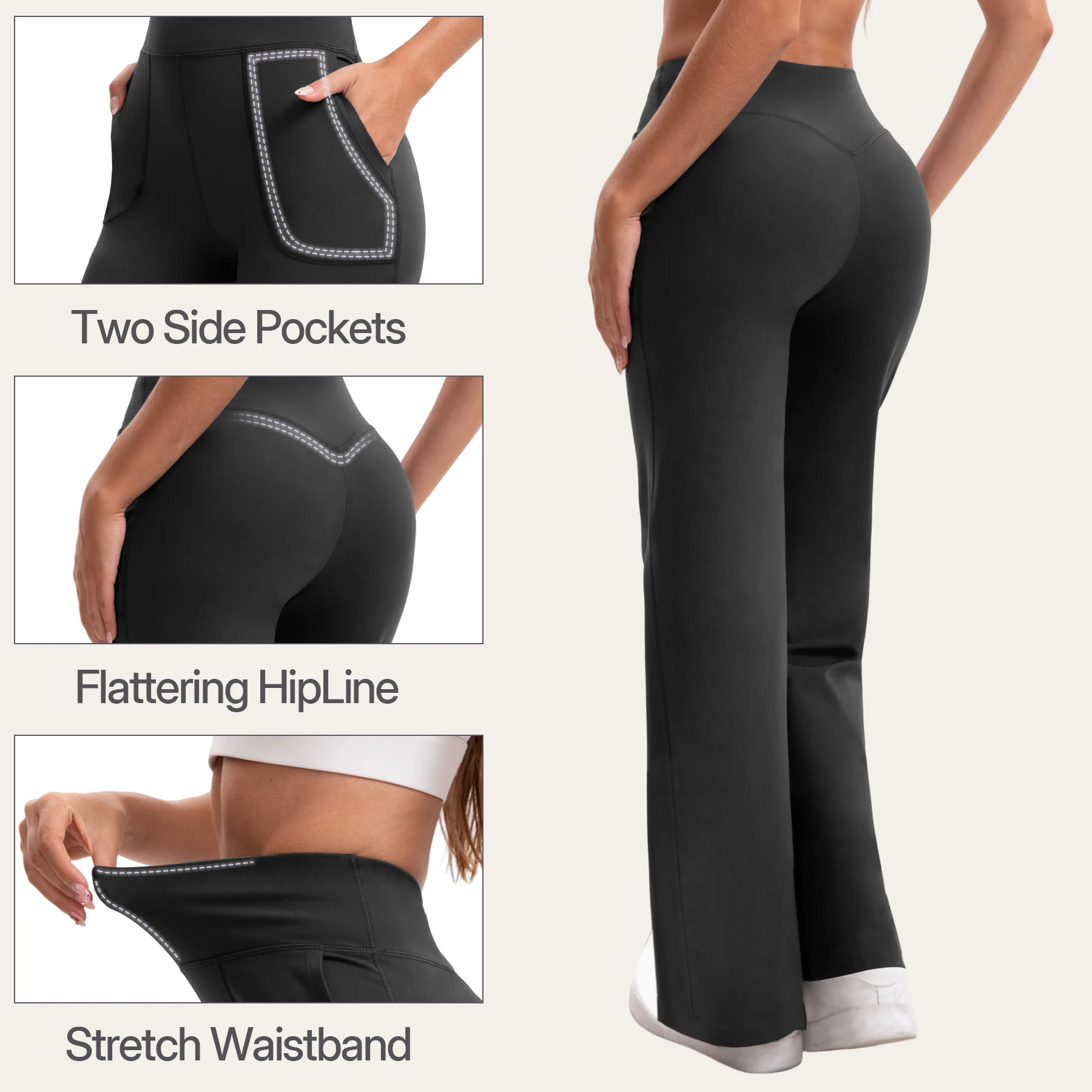 Pantalon de yoga évasé taille haute pour femme, effet ventre plat, rehaussement des fesses, deux poches, extensible, doux et fluide, pour le sport et le bureau