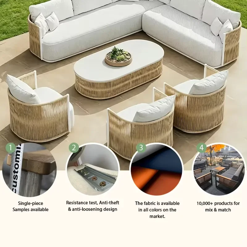 Nordic Style Cord-Woven Sofa Waterproof Outdoor Furniture with Aluminum Frame for Courtyard Villa Homestay Open Garden Sofa