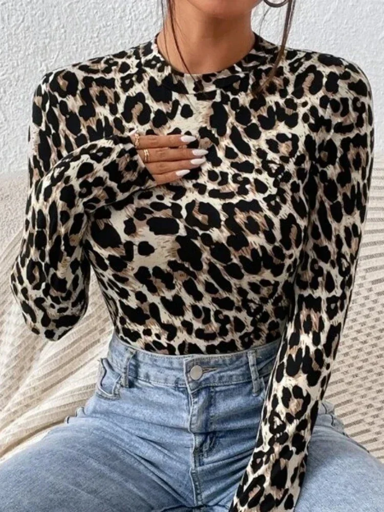 Sexy Tight Women\'s Bodysuits Women\'s Small Stand Collar Long Sleeve Fashion Leopard Print Tight Girly Style Bodysuit Top