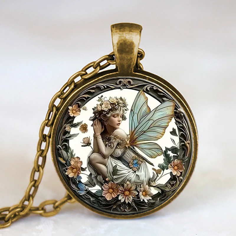 Vintage Round Butterfly Fairy Glass Dome Pendant Necklace Flower Angel Necklaces For Women Girls Gifts