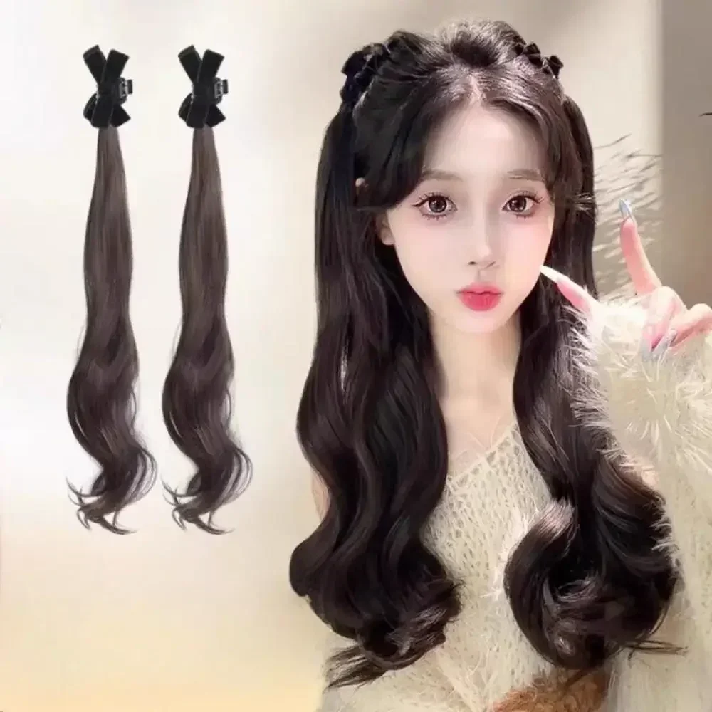 Female Clip-in Synthetic wig 2Pcs Natural Girls Double Ponytail Curly Bow Wig Elf Ear Playful Simulation Hair Extensions Increas