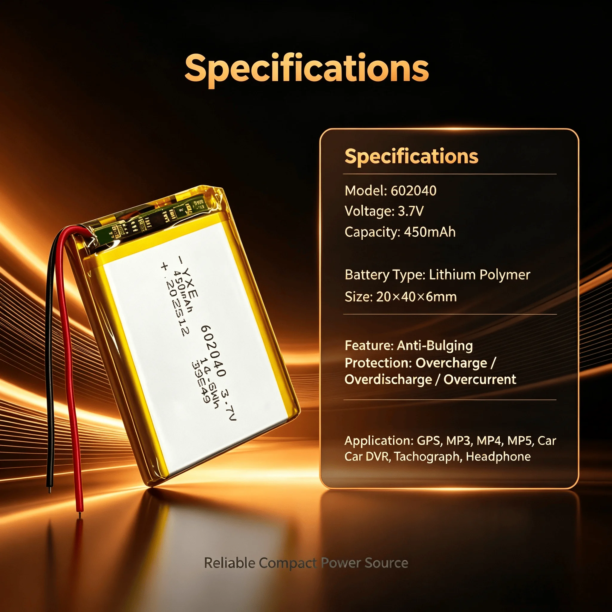 602040 3.7V 450mAh High Capacity Lithium Polymer Li-Po Battery Anti-Bulging For GPS MP3 MP4 MP5 Car DVR Tachograph Headphone