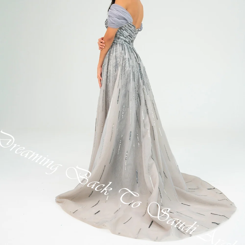 Temperament  Ruched Boat Neck Floor Length Straight Evening Dress Organza Off the Shoulder Zipper Back Sweep Train فساتين سهرة