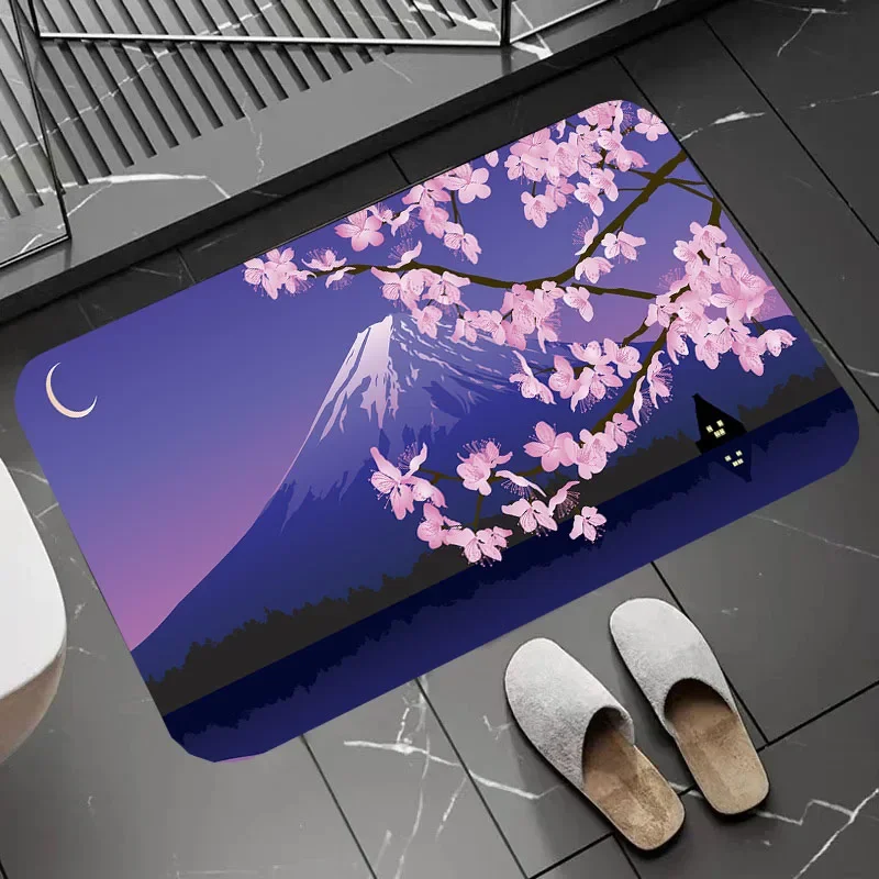 

Fuji Mount and Cherry Blossom Design Bathroom Carpet Kitchen Mat Non-silp Flannel Doormat for Home Decorate Accessories Floorpad