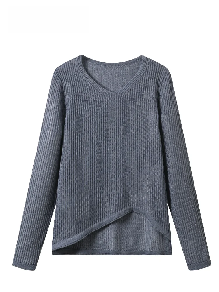 

Cara CLUB plus Size Long Sleeve Knitwear Casual V-Neck Top for Women Spring New Style Irregular Slimming Loose Fit Shirt