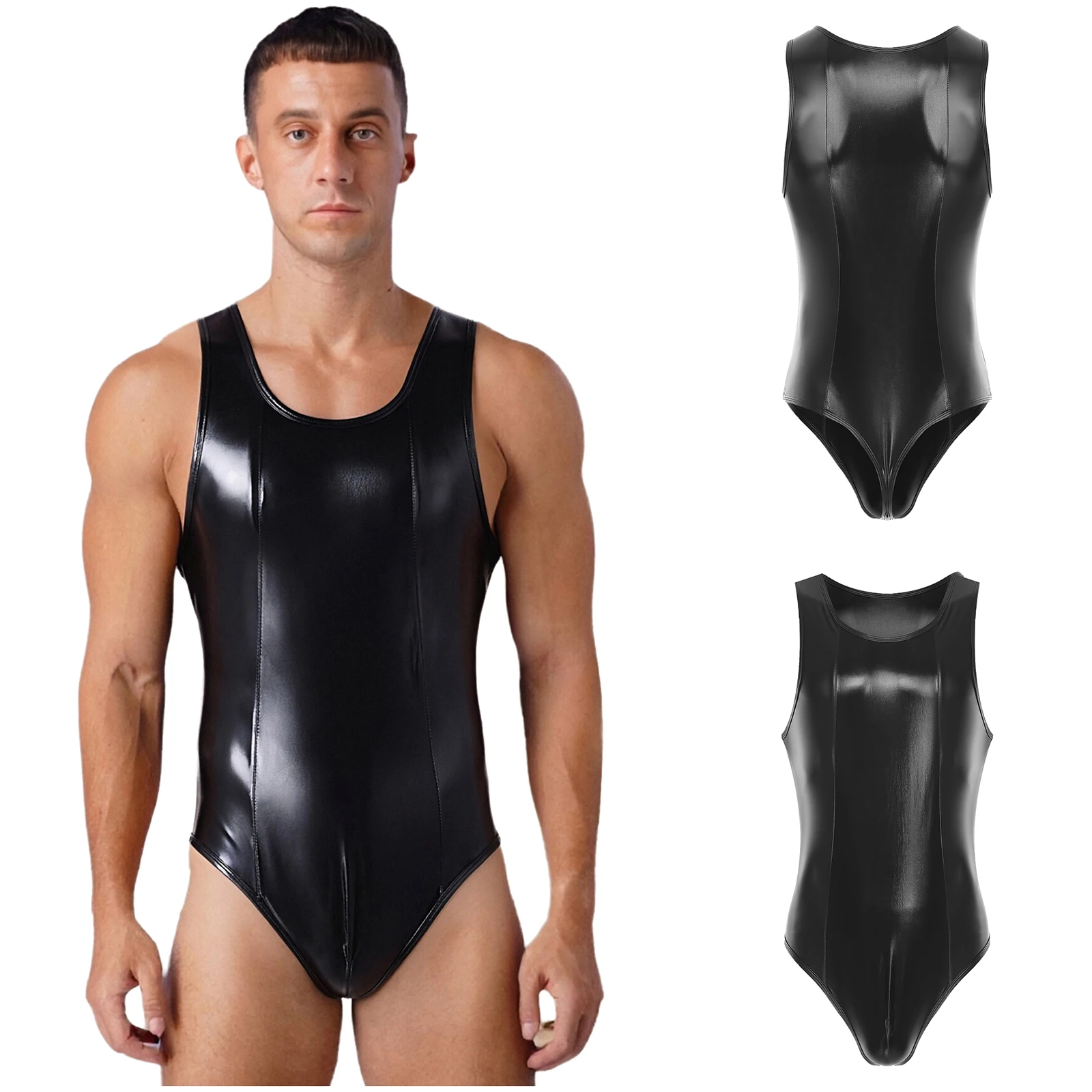 

Мужской купальник на бретелях из искусственной кожи с мокрым эффектом, глянцевый боди без рукавов с высоким вырезом и выпуклым мешочком, латексная борцовская майка, клубная одежда