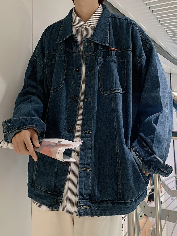 

Casual Men's Denim Jaet American Retro Sle Spring Autumn Trendy Outerwear Lightweight Mature Flip-Collar Single-Button Cl...