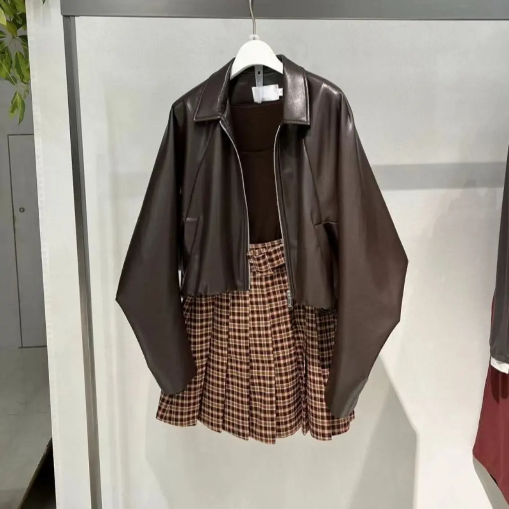 Moda mujer primavera estilo coreano Casual manga murciélago abrigo corto solapa chaqueta de cuero diseño que combina con todo