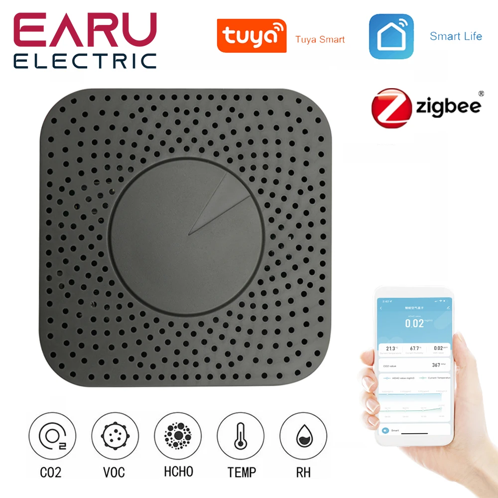 Tuya Zigbee  Smart Air Box Sensor Formaldehyde VOC CO2 Temperature Humidity 6In1 Air Quality Inspection DB Alarm with Alexa