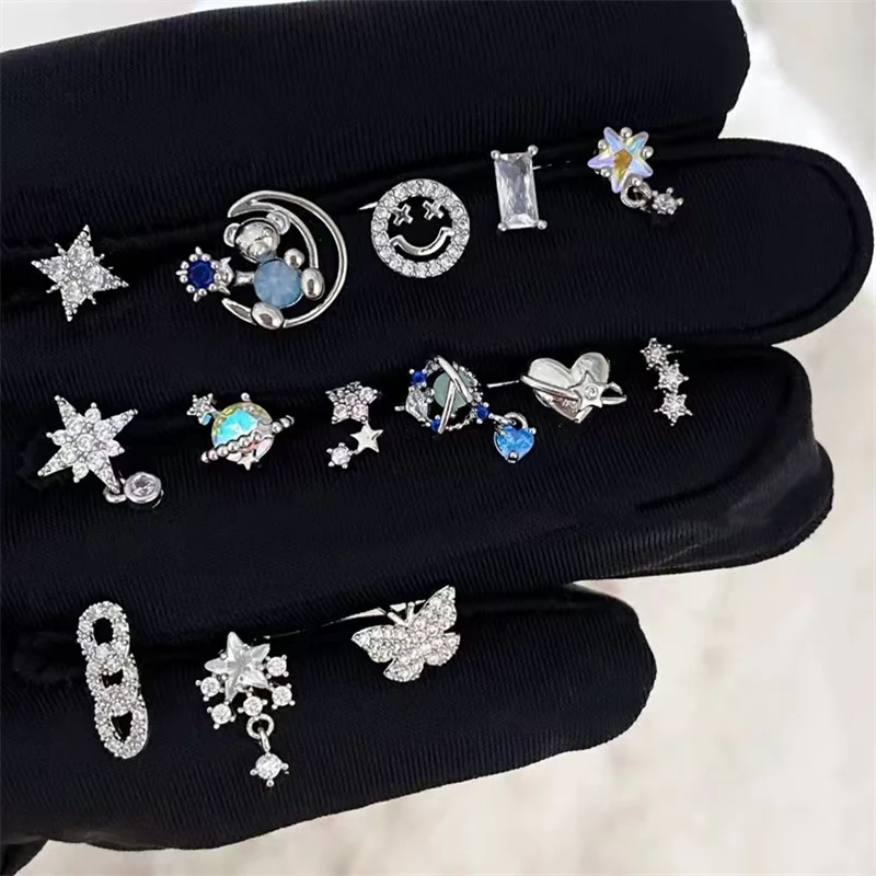 1pcs New Fashion Bling Zircon Star Heart Ear Bone Nail Inoxidable Stainless Steel Punk Earrings For Women Exquisite Jewelry Gift