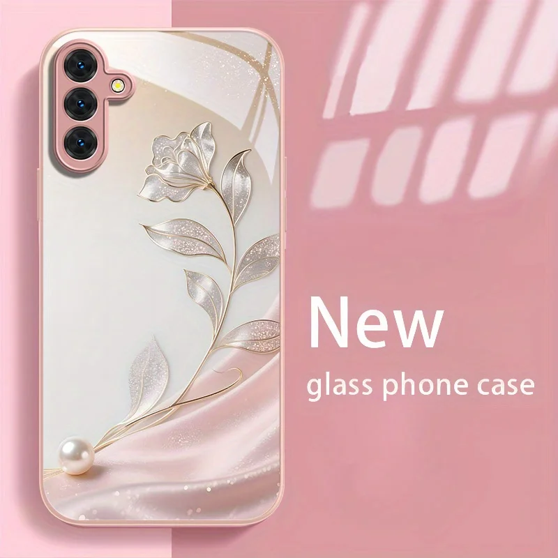 Fashionable floral pattern pink electroplated glass phone case, suitable for Samsung S26/S25, S24/S23/S22/S21/S20 back cover