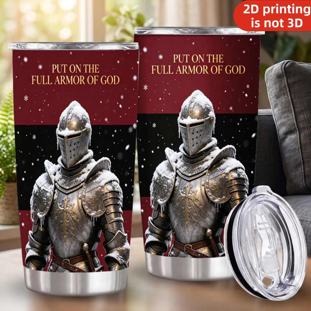 20oz Full Armor of God Stainless Steel Tumbler, Christian Knight in Snow Covered 2D Printed Graphic, Vacuum Insulated Travel Coffee Mug with Lid, Religious Faith Gifts for Men & Women