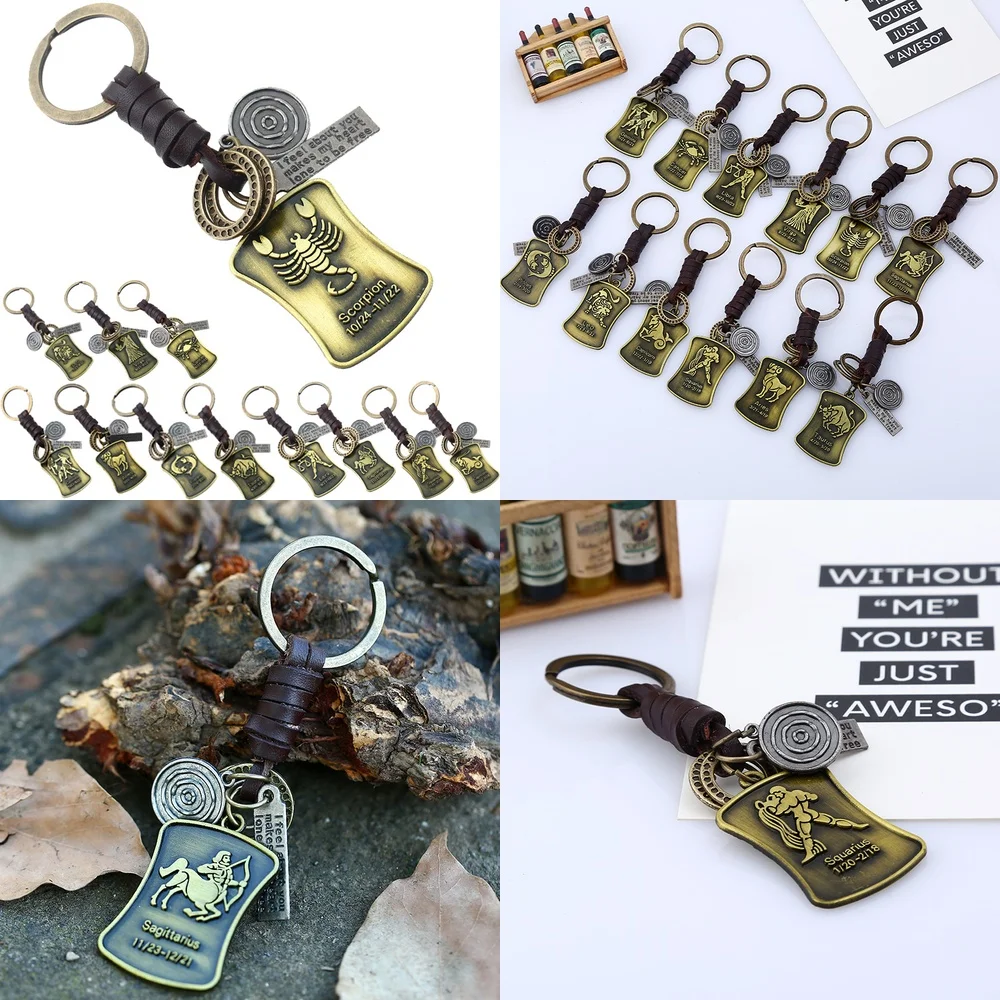 for 12 Zodiac Signs Leather Keychain Handmade Vintage Braided Key Ring Minimalist Car Key Holder Small Gift Accessory