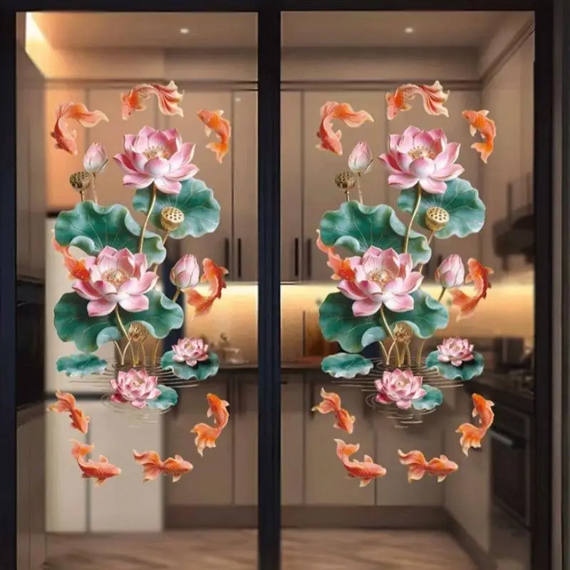 1 Pair Chinese Style Goldfish Lotus Wall Stickers 3D Effect Plastic Glass Door Decals Anti-static Flower Koi Sticker