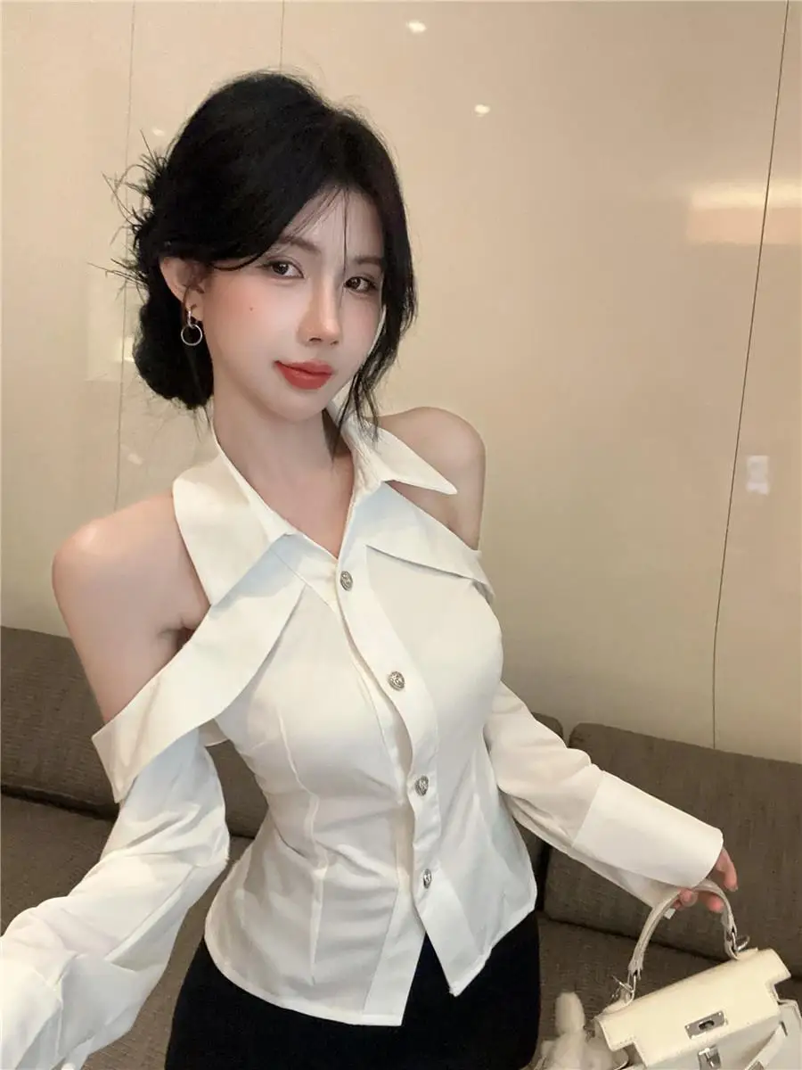 

Sexy oulder Bared Collar irt for Women Fibone Design Hanging Ne Top High Collar ort Sve Ladies Faion