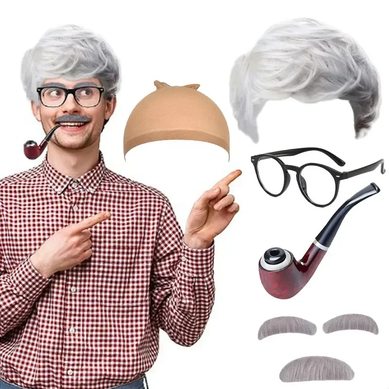 6 Pcs Set Old Men Funny Wigs Grandpa Costume Accessory Kit  Short Sliver Grey Hair Wigs for Halloween Party