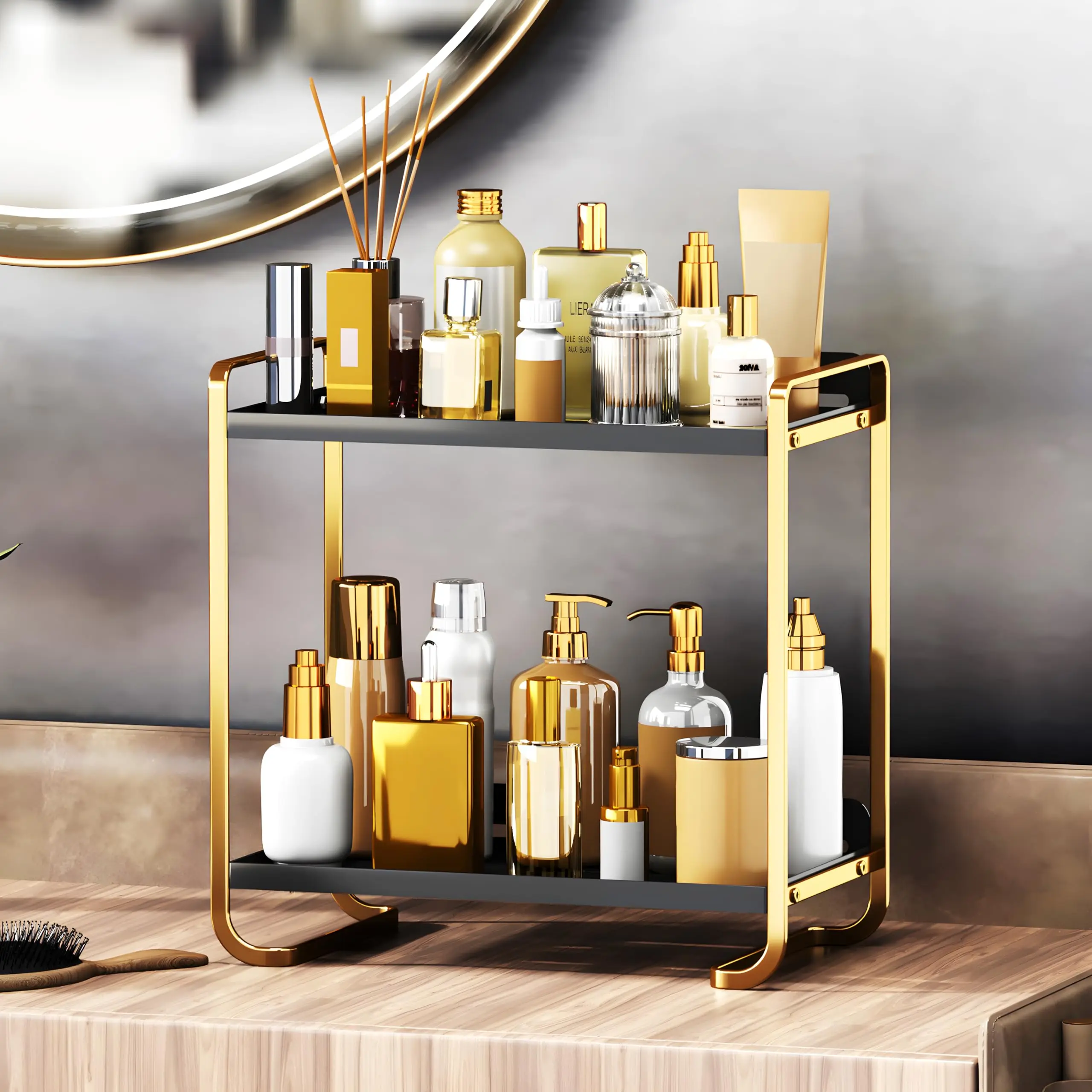 

2-tier black and gold Carbon Steel Bathroom Counter Organizer Skincare Cosmetic Display Tray for Perfume Makeup and Bathroom