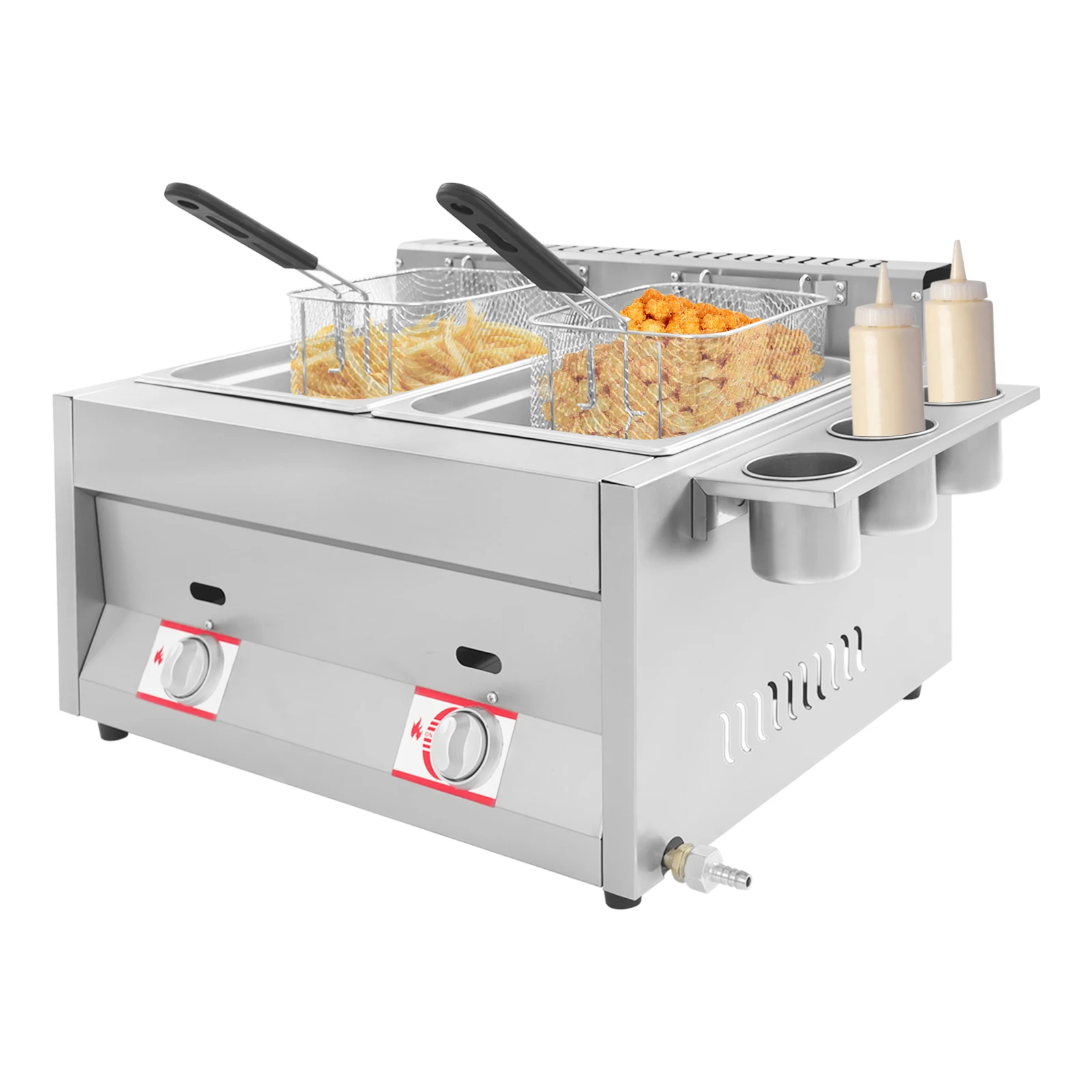 LPG Gas Commercial Deep Fryer Dual 6.34Qt Oil Tanks 430 Stainless Steel Rivet Structure Independent Temp Control