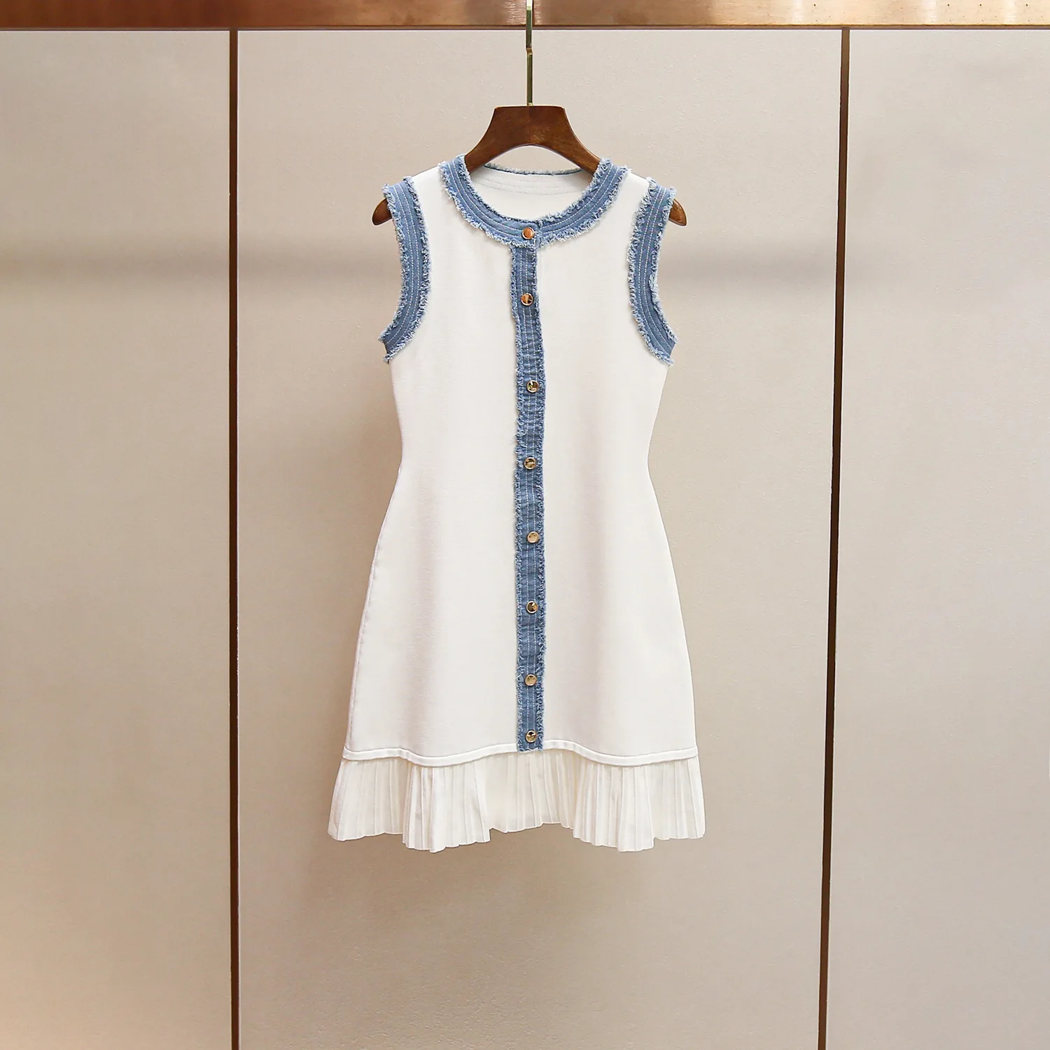 

Faionable Knitted Denim Trim Vest Dr Ele Splicing Spring Summer New Arrival Women's Clothing round Ne Svel S...