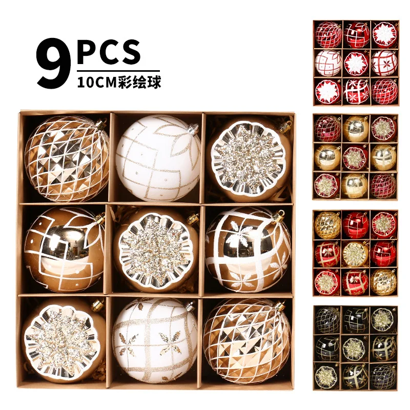 9pcs 10cm Painted Christmas Balls Set Plastic DIY Electroplated Hanging Balls Elegant Cartoon Merry Christmas Decor Xmas Decor