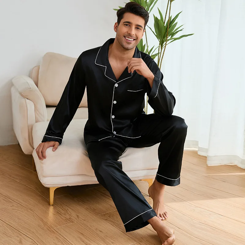 Solid Color Men's Pajamas 2PCS Sleepwear Set Spring Autumn Long Sleeve Trouser Suit Loose Ice Silk Satin Lounge Wear