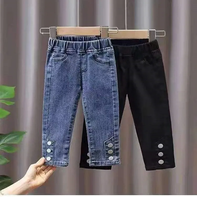 

Girls Spring And Autumn Jeans New Straight Tube Pants Children's Pants 1-7 Year Old Baby Casual Pants Winter Plus Fleece Pants