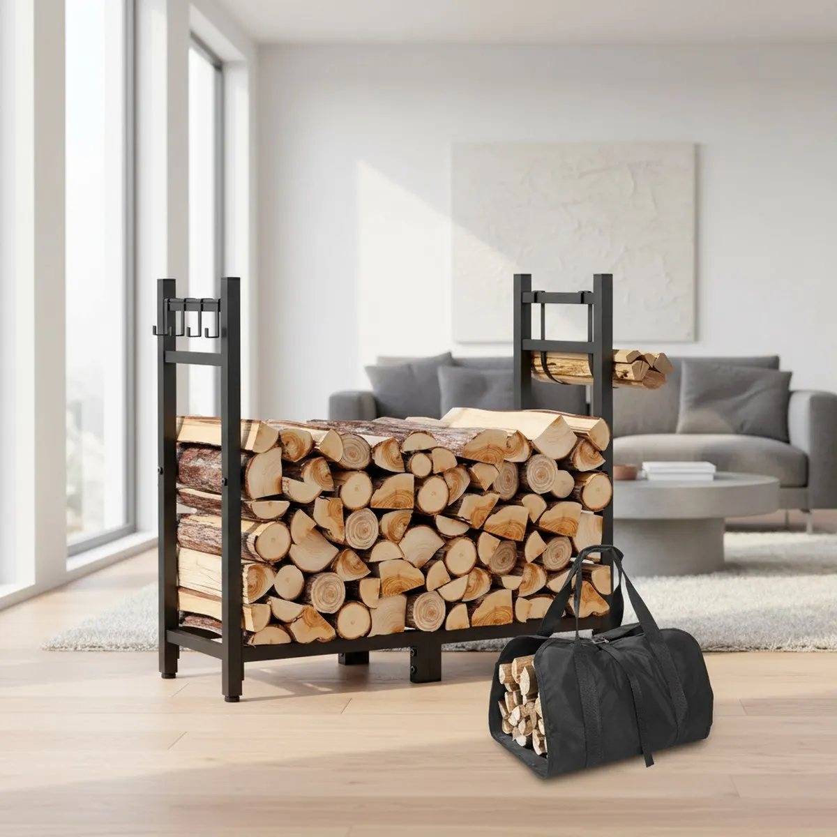 Firewood Rack Indoor Outdoor Log Holder Black 34inch Heavy Duty with Carrier Kindling Hooks Adjustable Pads Fireplace Deck Stora