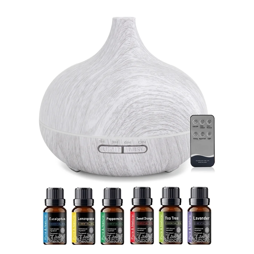 

Wood Grain Essential Oil Diffuser Set with 6 Premium Oils 550ml Remote Control Ultrasonic Humidifier Whisper Quiet for Bedroom