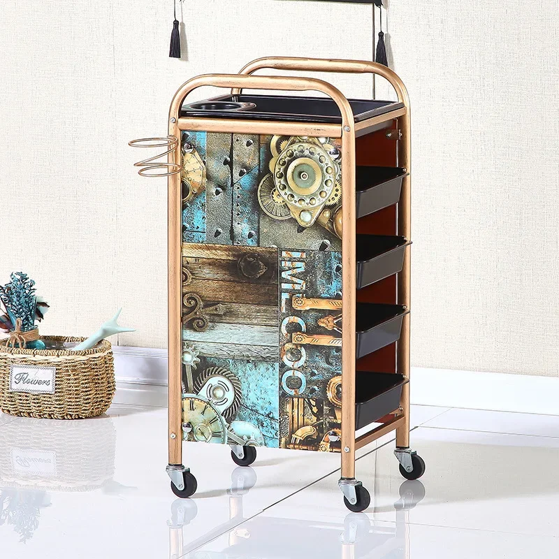 Retro Hair Salon Trolley  MultiLayer Beauty Storage  Cart with Top Tray, Barber Shop Essential, Durable Wheels