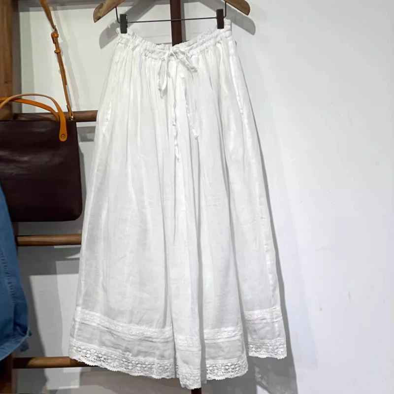 

Retro Embroidered Lace Trim Linen f Skirt Women's Summer Double Layer Thin A-Line Long Skirt Sweet Sle Midi Skirt