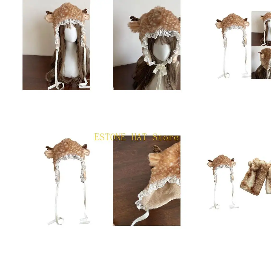 

49MF Furry Neg Warmer для девочек мультфильм оленя с кружевным краем негабайтный головной убор прекрасный шляп косплей фото