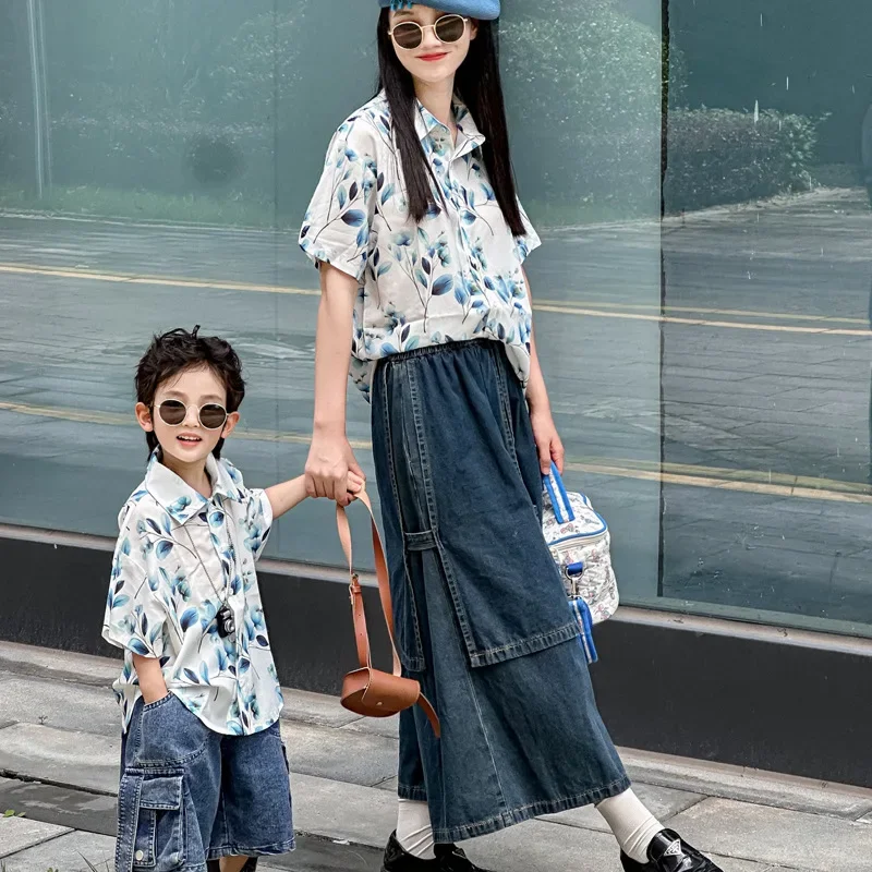 

Vintage Short Sleeve Shirt Family Matching Set Summer Floral Loose Boys Kid Travel Outfit Cute Clothes Girls Top T-Shirt Parents