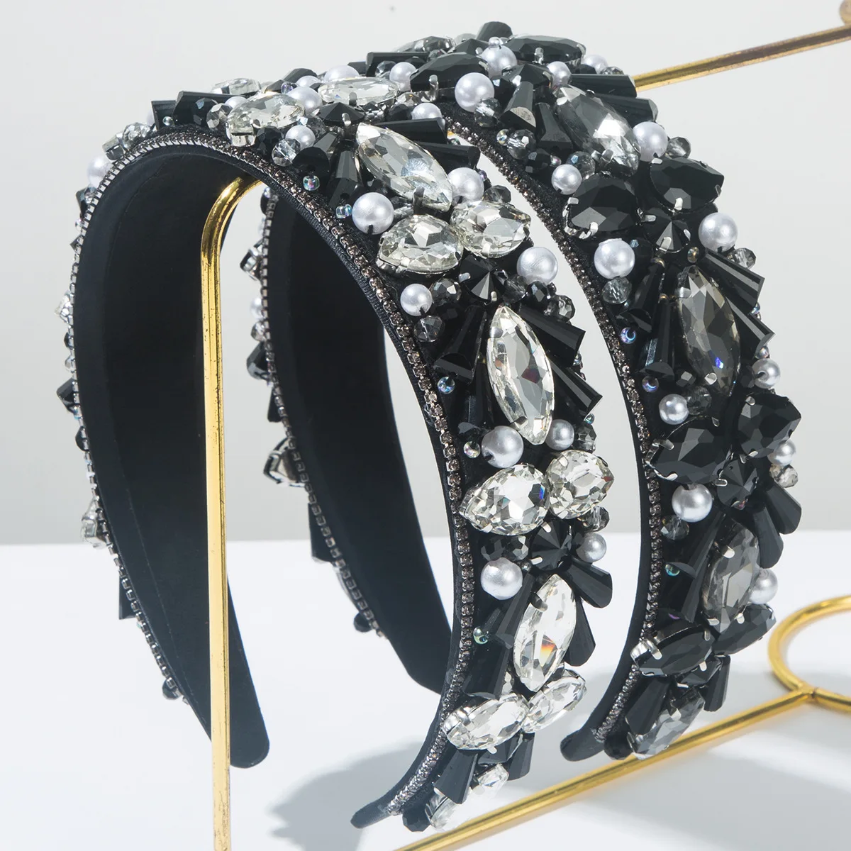 

European and American New Retro Luxury Heavy Craftsmanship Hand-sewn Pearl Crystal Diamond High-quality Headband