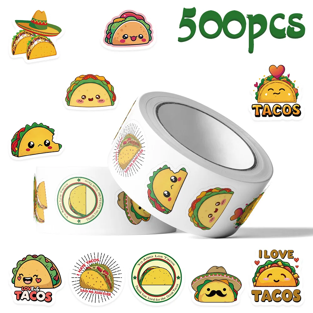 

500Pcs/Roll Cartoon Mexican Food Roll Stickers Playful Comic Taco Stickers for Luggage Cup Refrigerator Party Supplies Kids Toy
