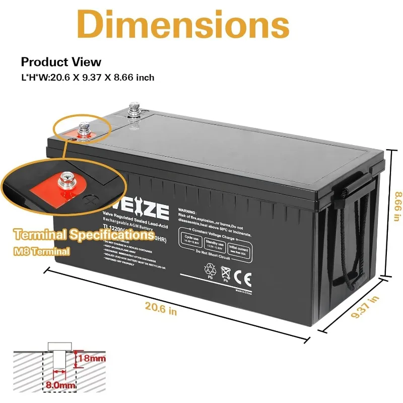 WEIZE 12 Volt 200Ah Deep Cycle AGM Battery, 3% Self-Discharge Rate, 2000A Max Discharge Current, Perfect for RV, Camper Vans