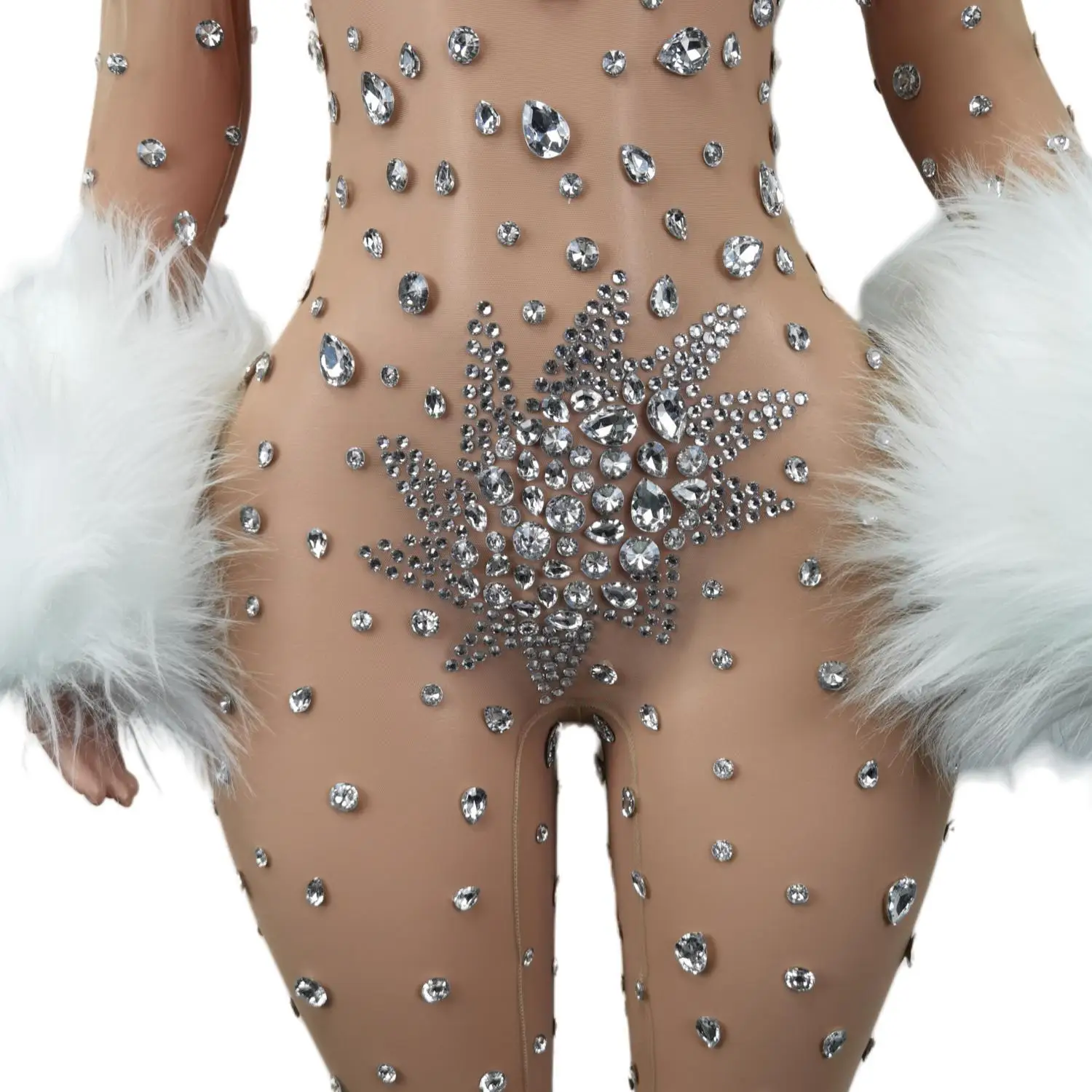 

Shining Diamonds Feathers Prom Gowns Long Sleeve Sexy Luxury Bodycon Jumpsuit Evening Dress Singer Stage Show Dress Guibin