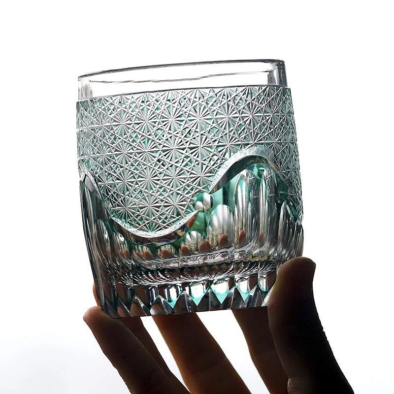 

250 ml Roundish Hand Cut To Clear Green Rocks Glass Whiskey Tumbler With Edo Kiriko Chrysanthemum Mesh Cocktail Glasses