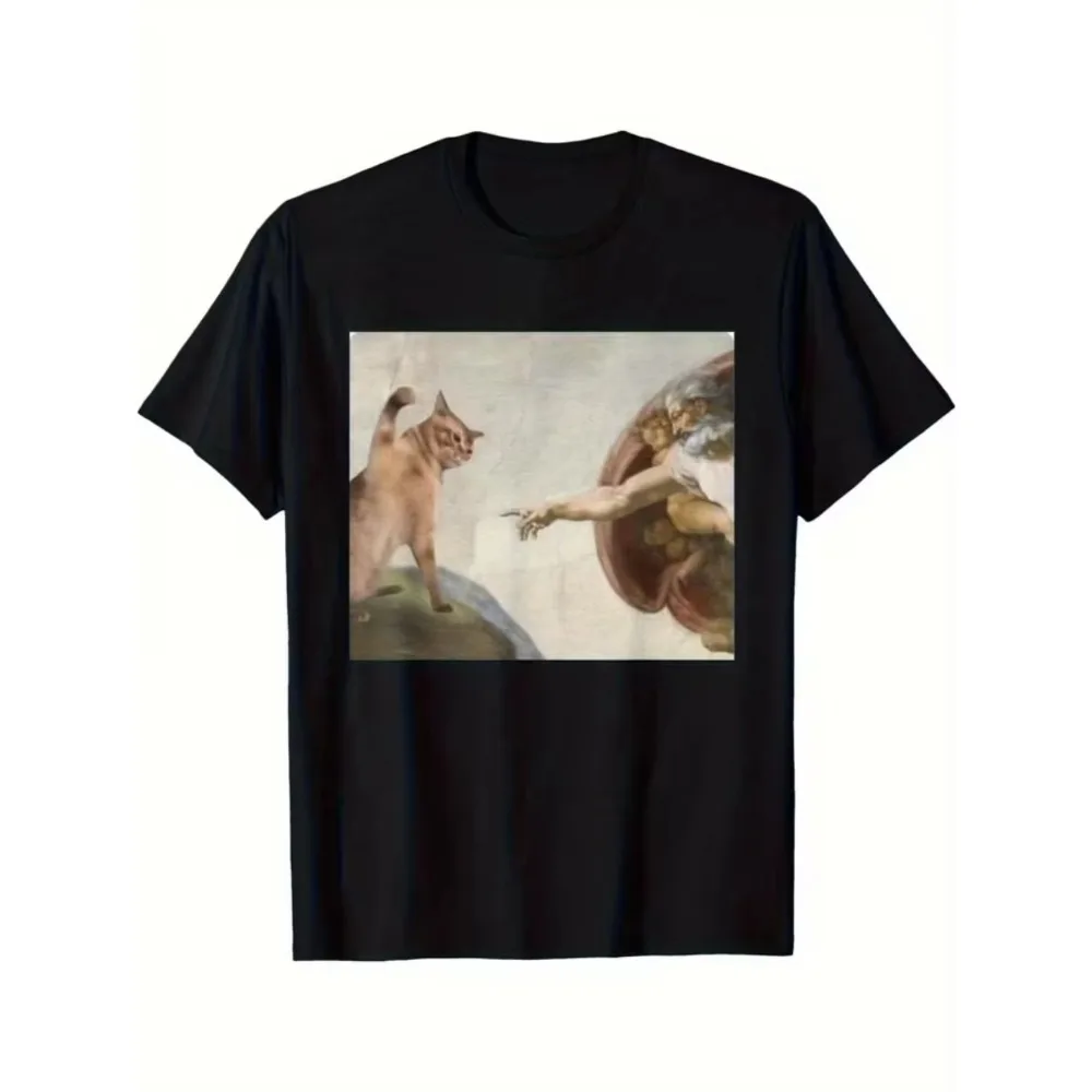 Funny Cat God Creation of Adam Meme T-Shirt Art Parody Short Sleeve Tee Creative Graphic Gift for Men Women Trendy Streetwear