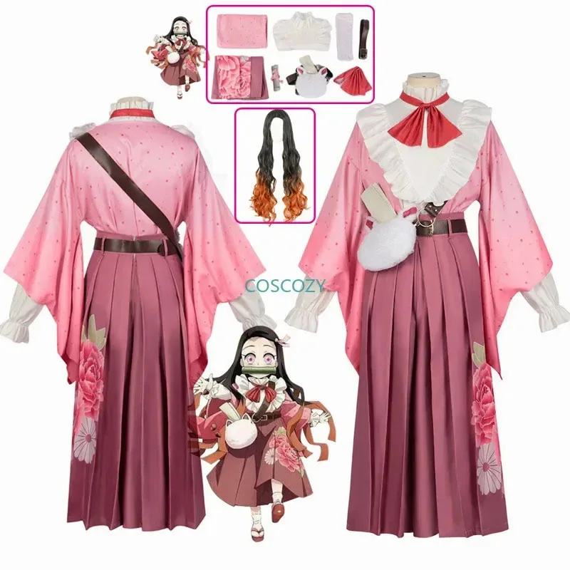 

2025 Arrival Kamaado Nezukko Cosplay Lady Girls' Birthday Costume Gifts New Nezuko Uniform Bamboo Wig Bag Pink F